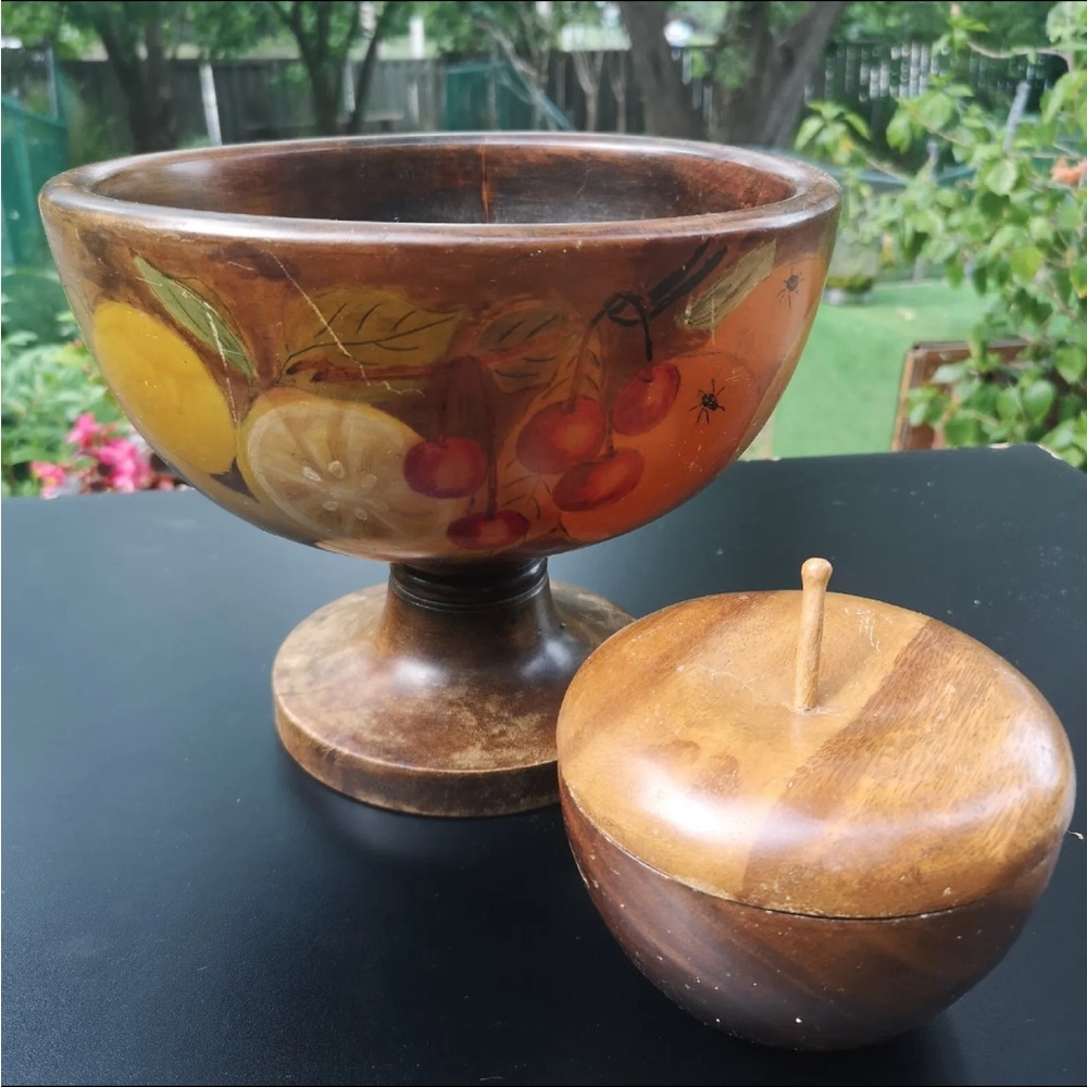 Vintage Wooden Fruit Painted Pedestal Bowl, 7.5" Tall and A Money Pod Wood Apple